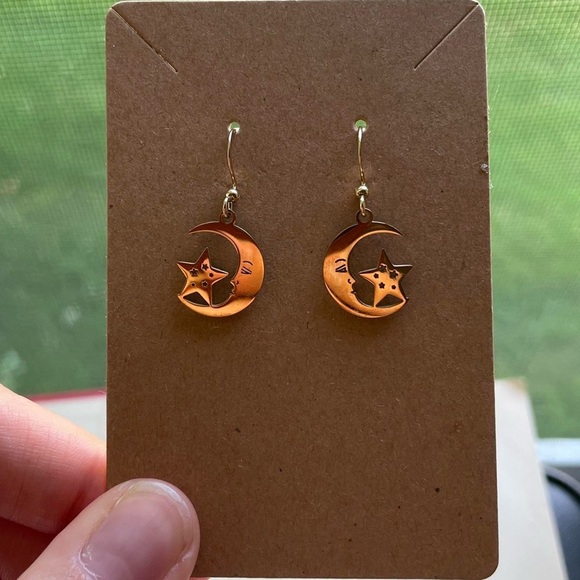 Gold Moon and Star Dangle Charm Earrings - Picture 5 of 5